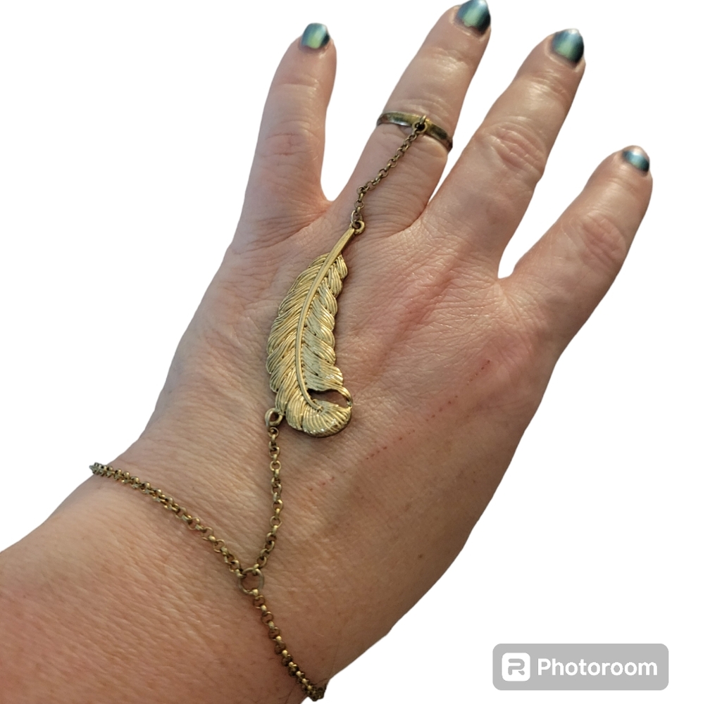 Feather Ring Bracelet Goldtone